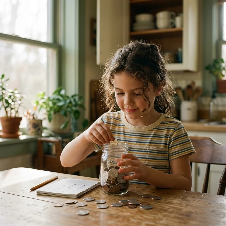 A child counting coins into a jar at a sunny kitchen table, focused and proud